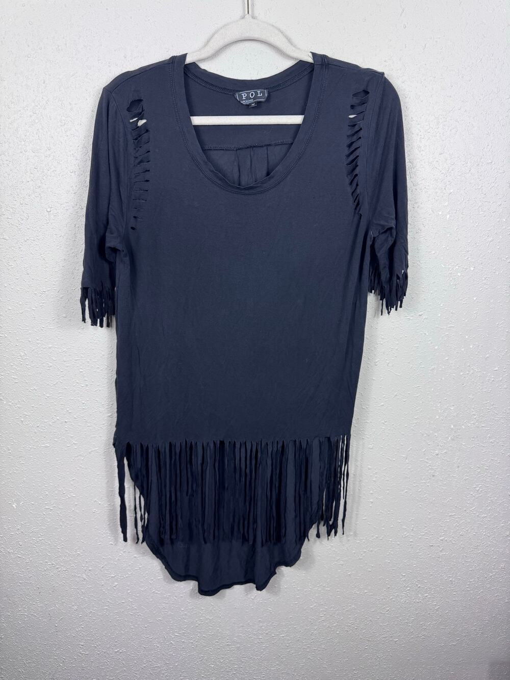 POL Bohemian Style Slash Shoulder Fringe Tunic Top Black Womens Size Medium